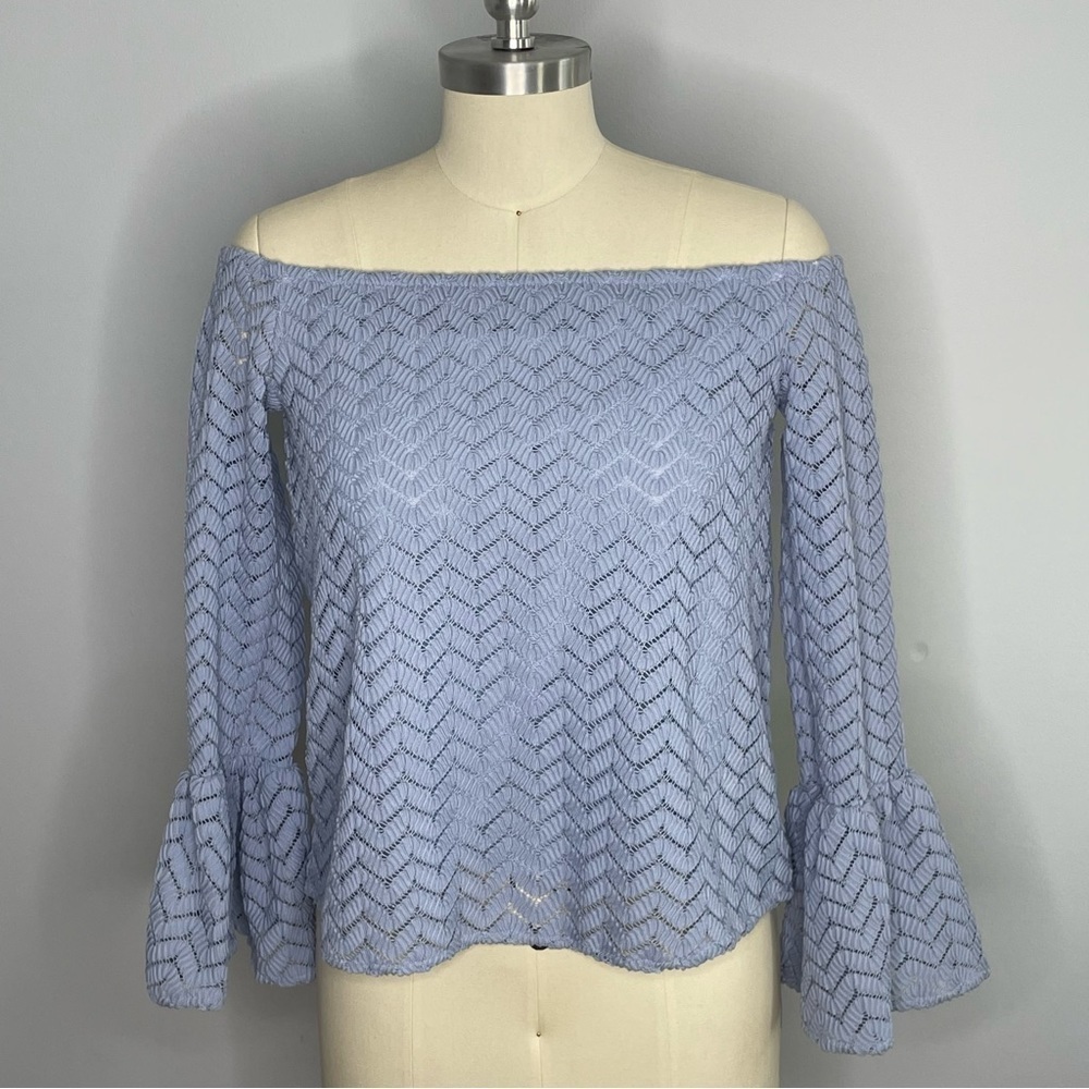 English Factory Off the Shoulder Lace Bell Sleeve Top- Light Blue- Size Small